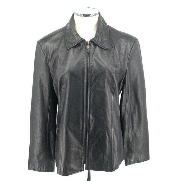 Gallery Womens Leather Black Jacket Blazer Sz L Soft Pockets Zip Front - Picture 1 of 8
